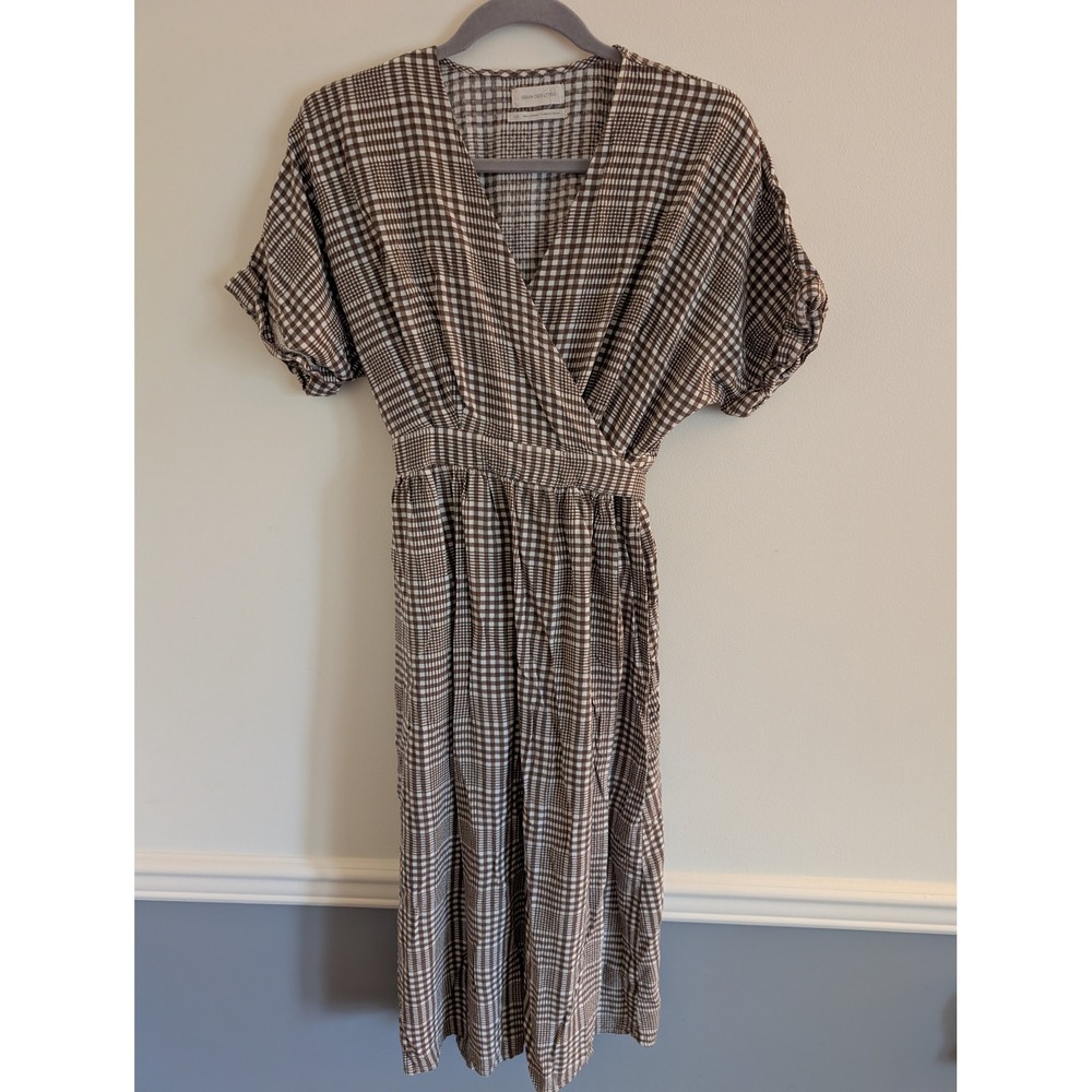 Urban Outfitters Brown gingham Wrap Midi Dress Short Puff Sleeve Large picnic